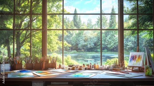 A tranquil paintera??s studio with a desk full of watercolors, a window view of a forest with a tranquil pond, and the soothing strokes of brushes to the rhythm of lo-fi. photo