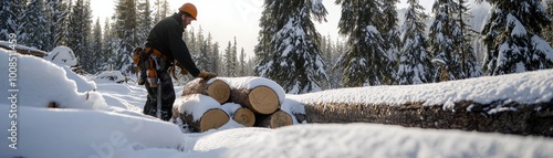 Woodcutter working in snowy forest, stacked logs, winter landscape photo