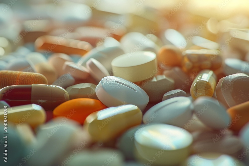 A collection of various pills and capsules, depicting the wide range of available medications. , background blur A collection of various pills and capsules, depicting the wide range of available medications. , background blur