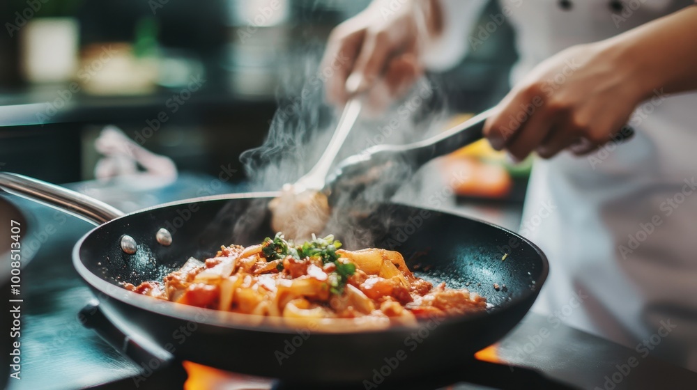 Culinary expert cooking various dishes in a clean, state-of-the-art kitchen with space for text overlay. Realistic, very detailed. Culinary expert cooking various dishes in a clean, state-of-the-art kitchen with space for text overlay. Realistic, very detailed.