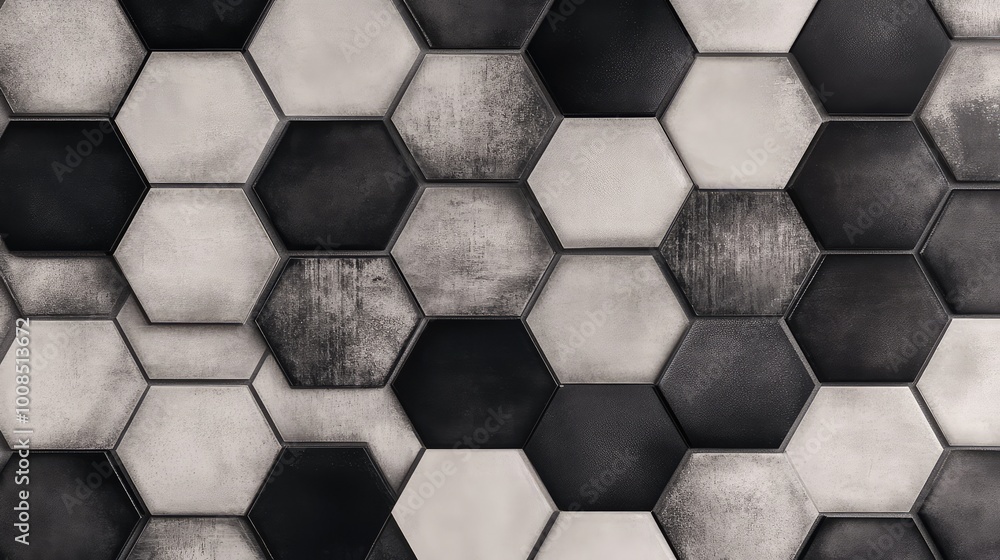 Bold, overlapping hexagons in shades of gray and black, forming a honeycomb-like pattern that adds depth and a modern edge to the tiles. Bold, overlapping hexagons in shades of gray and black, forming a honeycomb-like pattern that adds depth and a modern edge to the tiles.