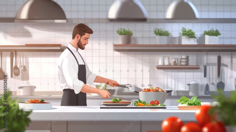 Culinary professional preparing meals in a sleek, well-organized kitchen, with copy space for text. Realistic, very detailed. Culinary professional preparing meals in a sleek, well-organized kitchen, with copy space for text. Realistic, very detailed.