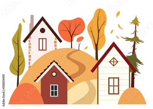 Cartoon landscape with tiny suburban houses and autumn trees. Cozy neighborhood illustration