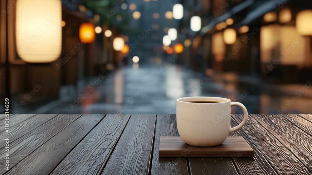 A serene street scene at dusk showcasing a steaming cup of coffee on a wooden table, set against softly lit lanterns and blurred buildings. A serene street scene at dusk showcasing a steaming cup of coffee on a wooden table, set against softly lit lanterns and blurred buildings.