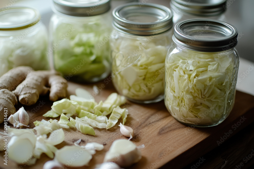 Garlic, ginger and chopped cabbage are arranged on a wooden cutting board, ready for fermenting in glass jars Garlic, ginger and chopped cabbage are arranged on a wooden cutting board, ready for fermenting in glass jars