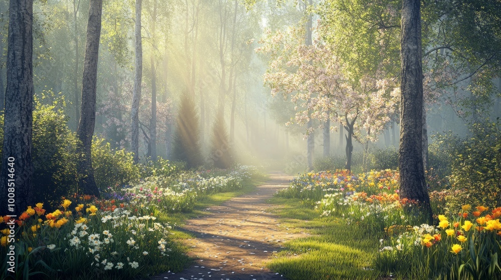 Naklejka premium Sunbeams illuminate a path through a misty forest with blooming trees and wildflowers.