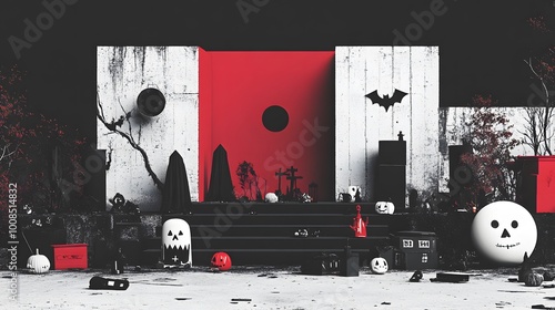Spooky Halloween-themed set with red and black decor, featuring pumpkins and eerie elements.
