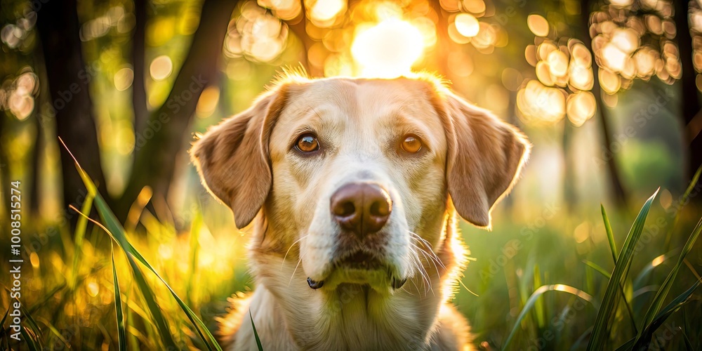 Golden Retriever Portrait bathed in the warmth of the setting sun, with green blades of grass framing its face Golden Retriever Portrait bathed in the warmth of the setting sun, with green blades of grass framing its face