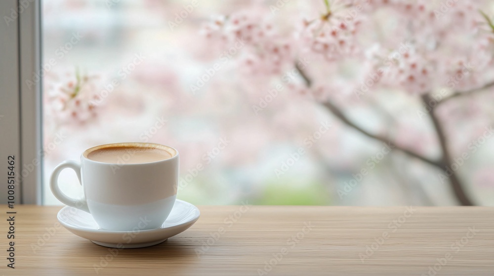 A serene coffee cup sits on a wooden table, framed by soft pink blossoms outside a window, creating a calming atmosphere. A serene coffee cup sits on a wooden table, framed by soft pink blossoms outside a window, creating a calming atmosphere.