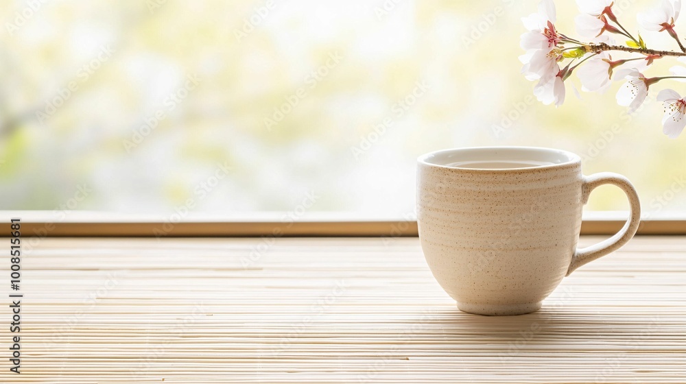A serene image of a simple cup resting on a wooden surface, accompanied by delicate cherry blossom branches in the background. A serene image of a simple cup resting on a wooden surface, accompanied by delicate cherry blossom branches in the background.