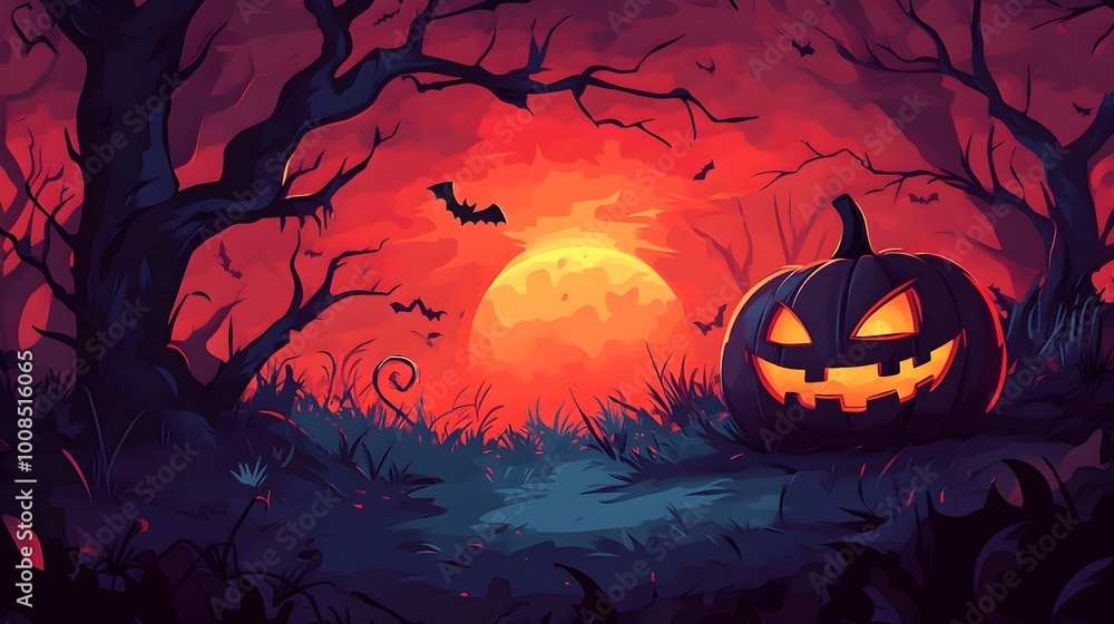 Fototapeta premium Eerie Pumpkin and Bats in the Haunting Halloween Forest Landscape