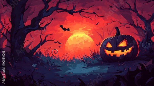 Eerie Pumpkin and Bats in the Haunting Halloween Forest Landscape