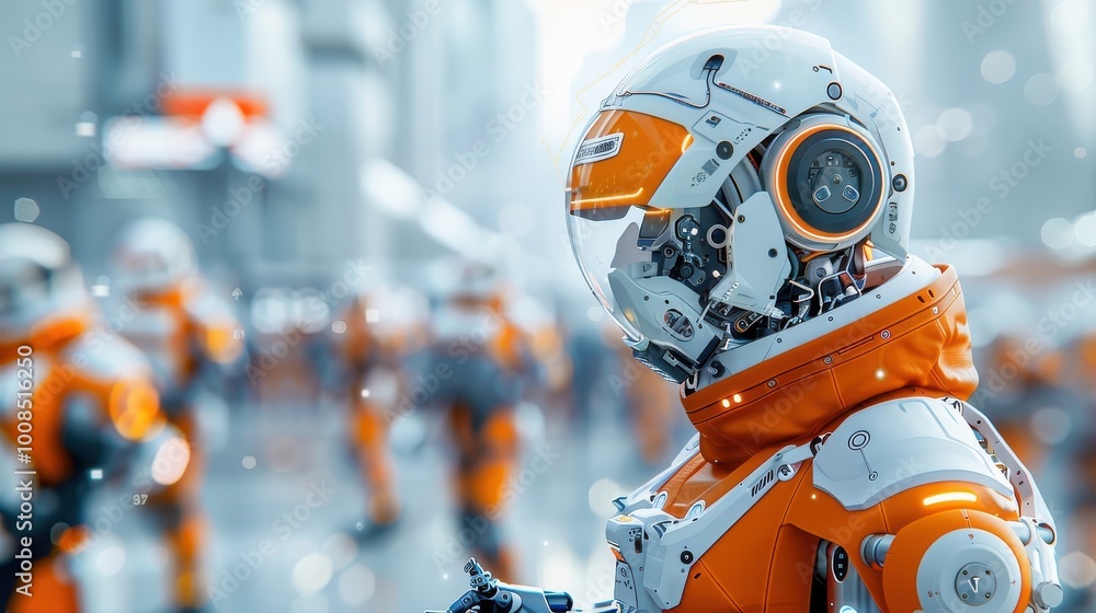 A robotic exoskeleton helps a construction worker lift heavy objects. A robotic exoskeleton helps a construction worker lift heavy objects.