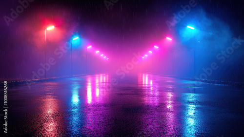 Wet asphalt, reflection of neon lights, a searchlight, smoke Abstract light in a dark empty street with smoke, smog Dark background scene of empty street, night view, night city