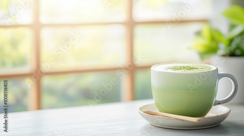 A serene cup of matcha tea sits on a saucer, against a backdrop of soft light and green plants, creating a calming atmosphere.