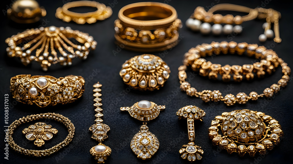 Golden Jewelry with Pearls and Gemstones Arranged on Black Background Golden Jewelry with Pearls and Gemstones Arranged on Black Background