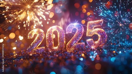Happy New Year 2025 with Fireworks.
