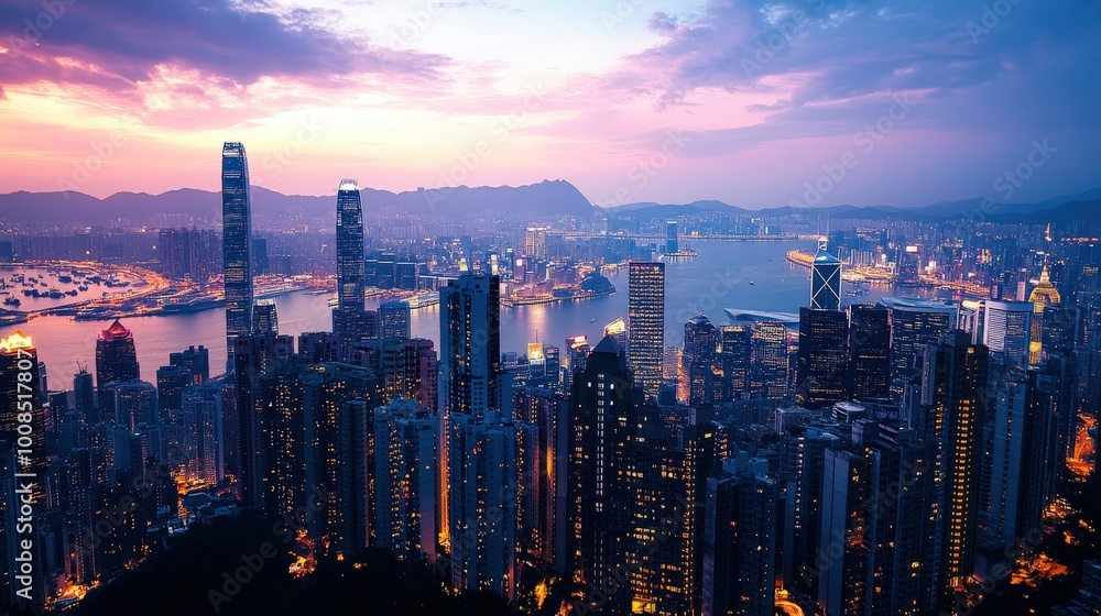 Fototapeta premium A twilight scene with skyscrapers illuminated by city lights, creating a vibrant and dynamic cityscape