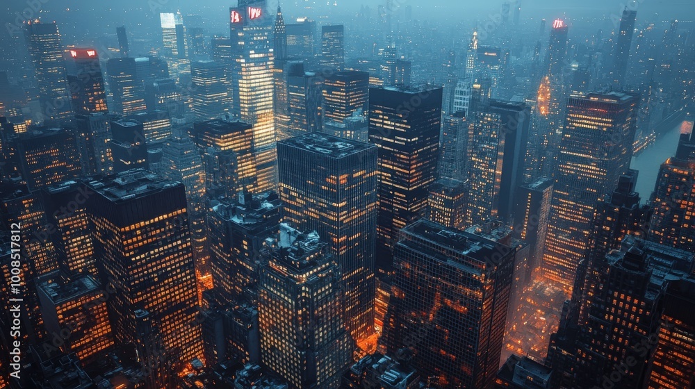A twilight scene with skyscrapers illuminated by city lights, creating a vibrant and dynamic cityscape A twilight scene with skyscrapers illuminated by city lights, creating a vibrant and dynamic cityscape