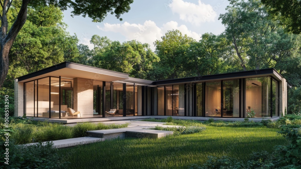 An architectural visualization of a modern house with large windows, minimalistic design An architectural visualization of a modern house with large windows, minimalistic design