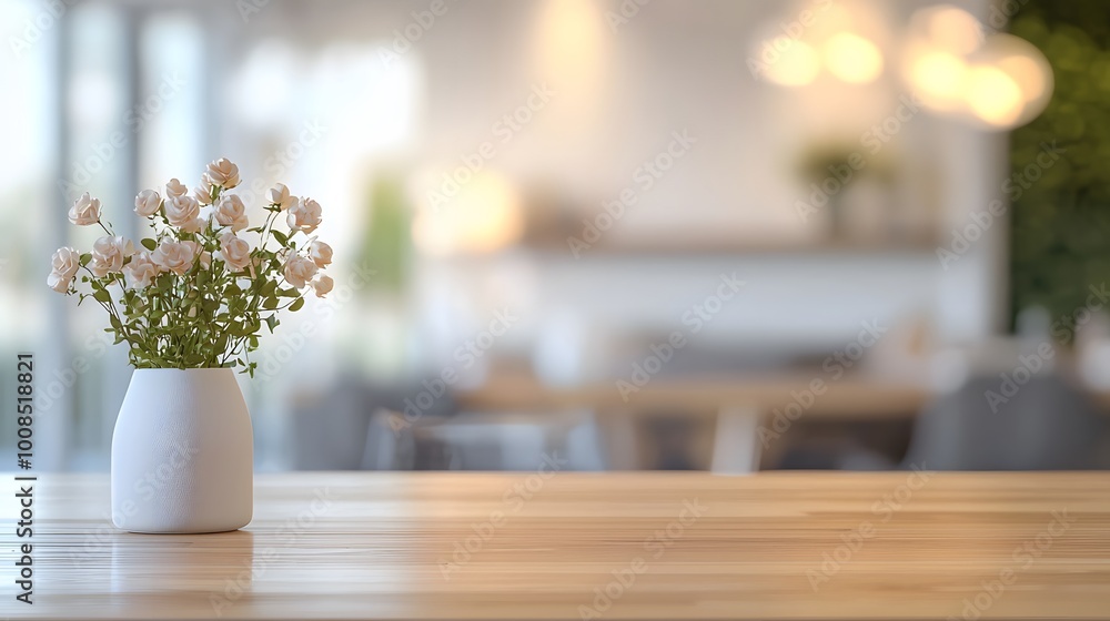 White Vase with Flowers on a Wooden Table with Blurred Background. White Vase with Flowers on a Wooden Table with Blurred Background.