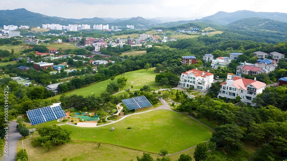 Fototapeta premium Aerial view of a green city with parks and solar panels on buildings, plenty of space for advertising copy, high-end magazine photography, deep depth of field, Product photography with high