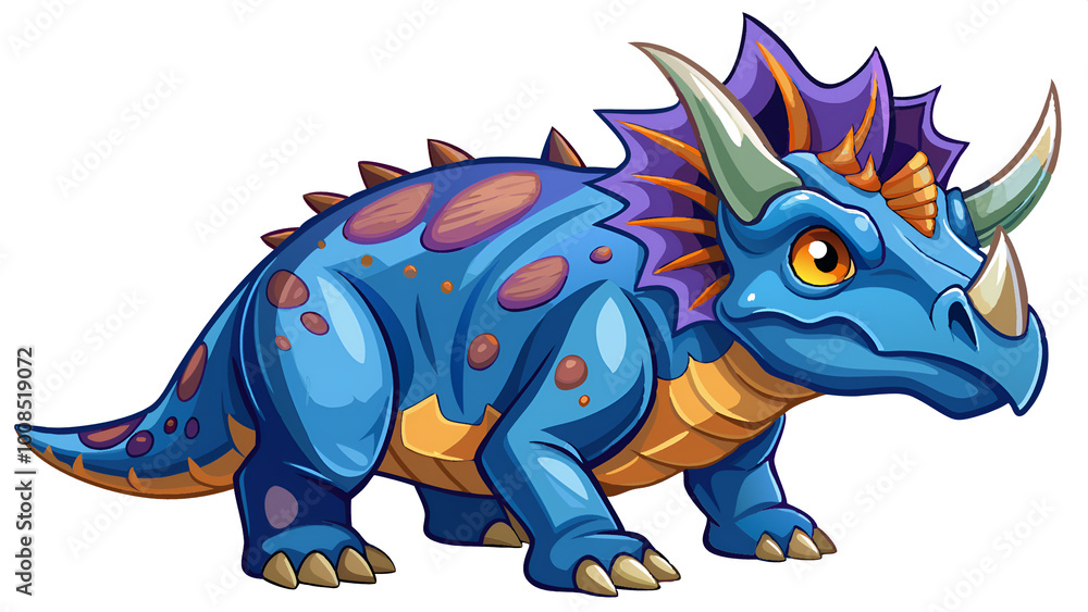 Fototapeta premium A blue and purple dinosaur with horns stands on a white background 