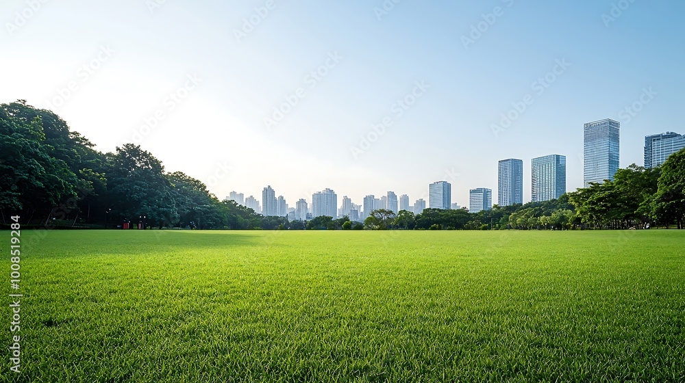 Lush green park with city skyscrapers in the background, clear skies ...