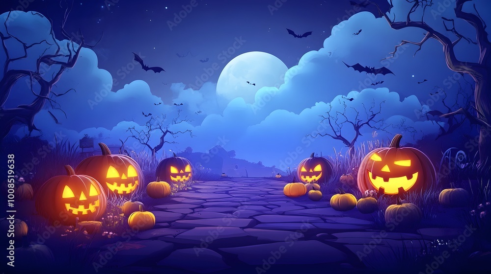 Fototapeta premium Spooky Halloween Night with Glowing Jack o Lanterns and Haunting Bats in a Mysterious Forest Landscape
