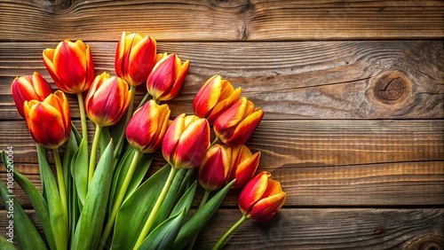 A vibrant bouquet of red and yellow tulips rests on a rustic wooden surface, their stems and leaves intertwining to create a delicate floral arrangement.