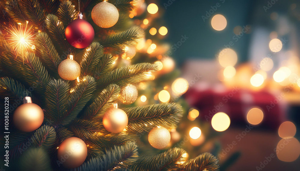 Defocused Image of a Christmas Tree with Glowing Lights and Ornaments Defocused Image of a Christmas Tree with Glowing Lights and Ornaments