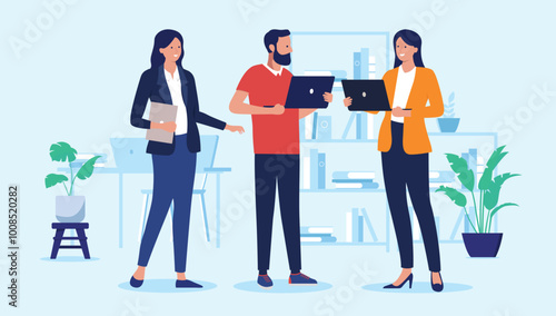 Small team of people working - Three businesspeople colleagues in office with laptop computers talking and discussing business. Teamwork concept in flat design vector illustration with blue background