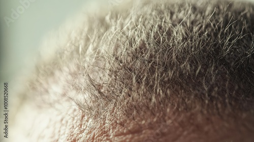 The image captures a detailed close-up of a person's scalp, highlighting areas with noticeable hair loss. Natural light enhances the texture and condition of the hair photo