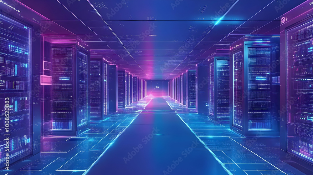 Futuristic Server Room with Glowing Lights in an Illustration Futuristic Server Room with Glowing Lights in an Illustration