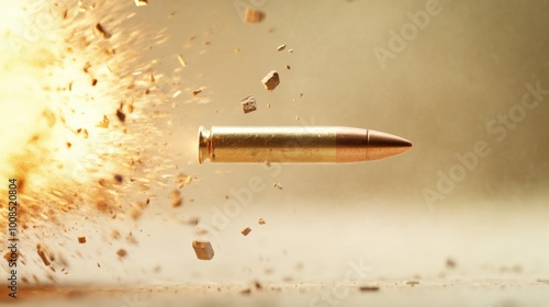 A dynamic close-up of a bullet in motion, captured at the moment of impact with explosive debris surrounding it. photo