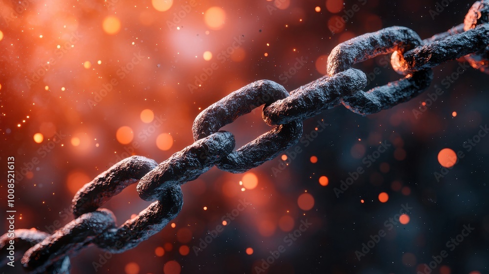 Metal chain link against a blurred fiery background, showcasing strength and durability. Metal chain link against a blurred fiery background, showcasing strength and durability.