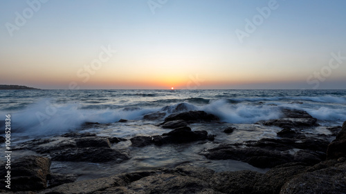 Sunset with waves in corse