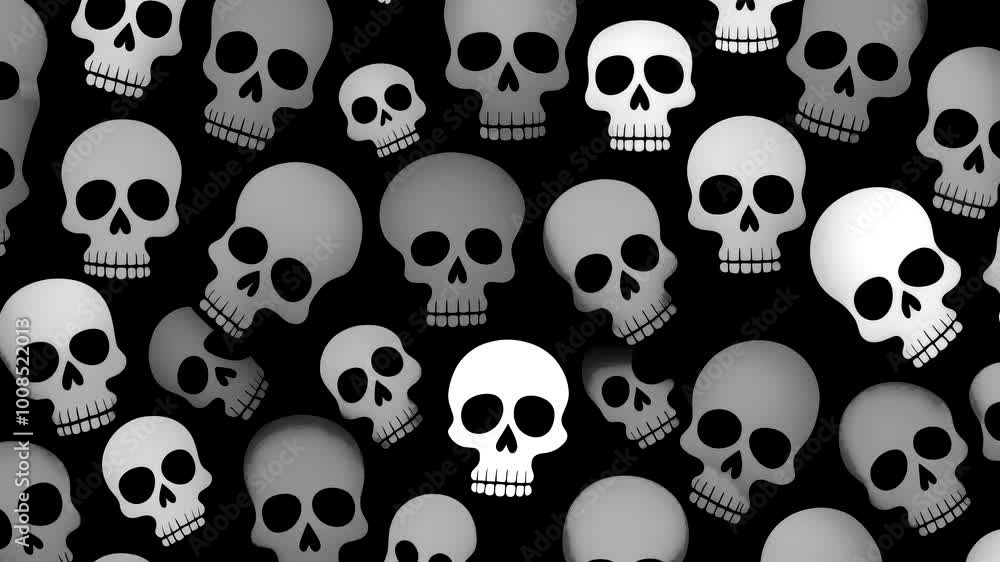Stop motion loop animation, black background with white skulls in different sizes, abstract halloween gothic skeletons background Stop motion loop animation, black background with white skulls in different sizes, abstract halloween gothic skeletons background