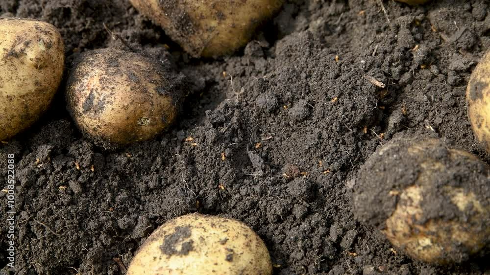 Yellow earth ants crawl on the ground and on dug up potatoes. Insects are agricultural pests. Yellow earth ants crawl on the ground and on dug up potatoes. Insects are agricultural pests.