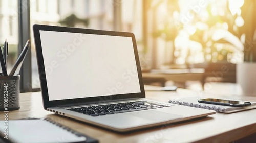 Modern Laptop with Blank Screen on Wooden Desk in Cafe