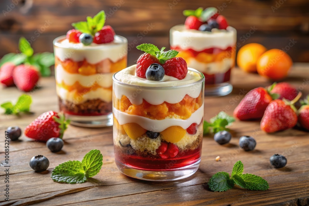 Elegant trifle glass filled with layers of fruit, cream, and cake for a delightful dessert display Elegant trifle glass filled with layers of fruit, cream, and cake for a delightful dessert display