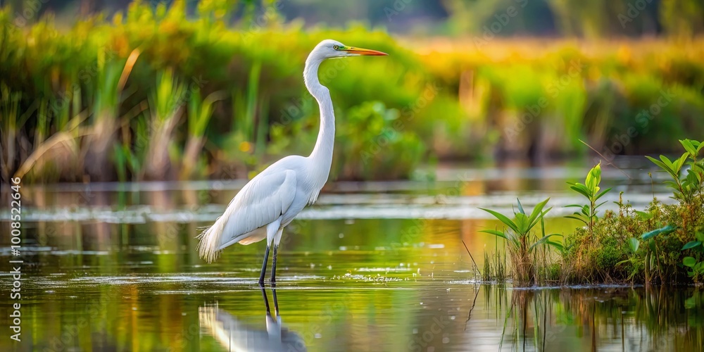 Obraz premium A graceful white bird with a long neck and a bright yellow beak stands in a shallow pool of water with green foliage in the background