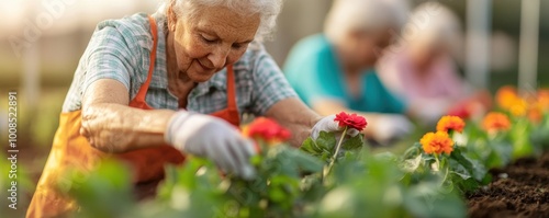 Nursing home residents planting flowers in a community garden, working together in the sunshine, gardening activity. Nursing home residential activity concept. photo