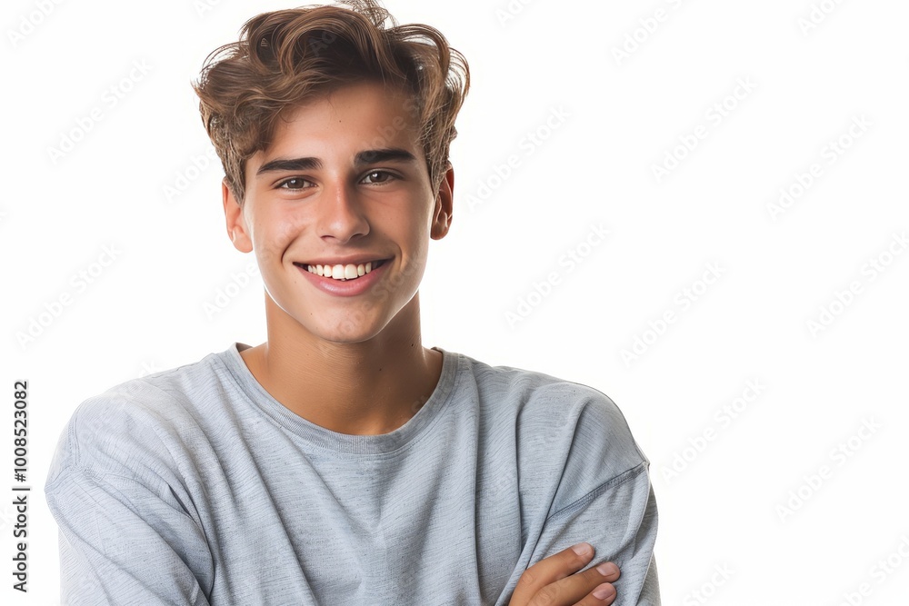 Smiling young male model with crossed arms, isolated on a white setting , background blur Smiling young male model with crossed arms, isolated on a white setting , background blur