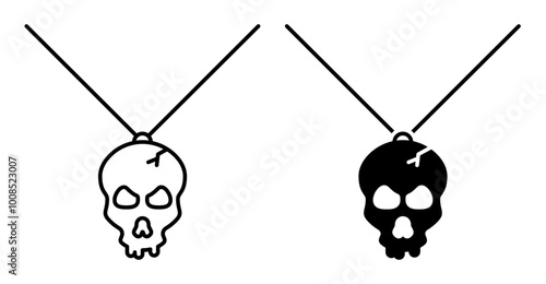 Linear icon. Spooky Halloween creepy warlock amulet in shape of a human skull on a pendant. Simple black and white vector isolated on white background