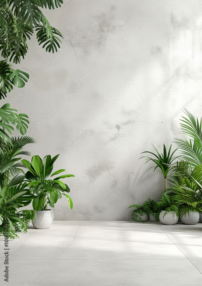 Minimalistic Room with Potted Green Plants and a Textured White Wall Minimalistic Room with Potted Green Plants and a Textured White Wall