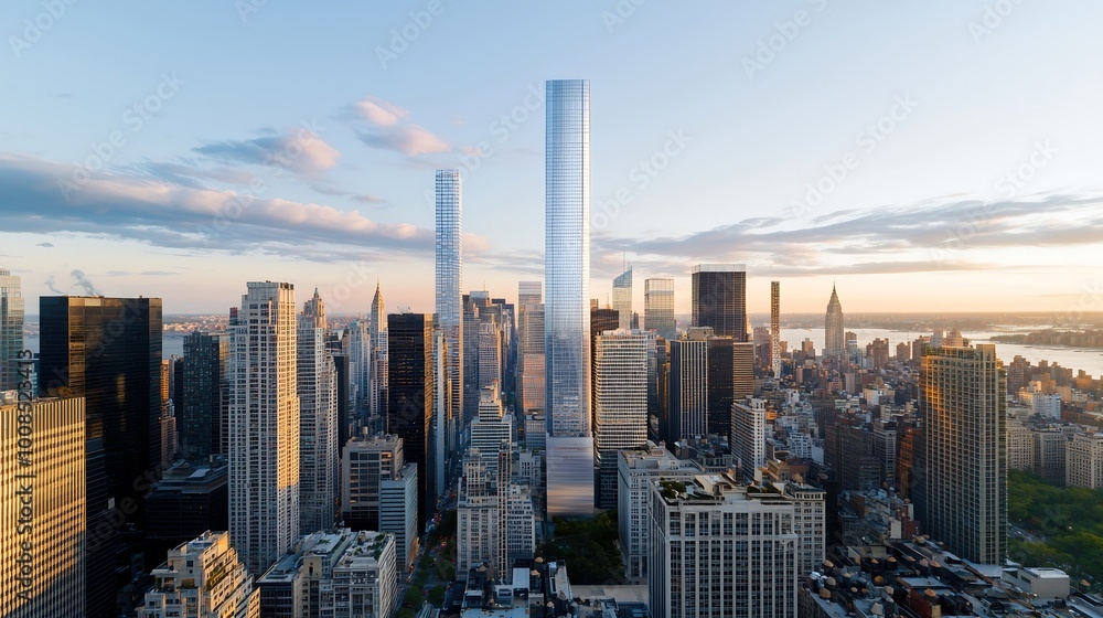 Obraz premium Stunning aerial view of the New York City skyline at sunset, iconic skyscrapers with ample copy space in the sky, high-end magazine photography, deep depth of field, Product photography with high