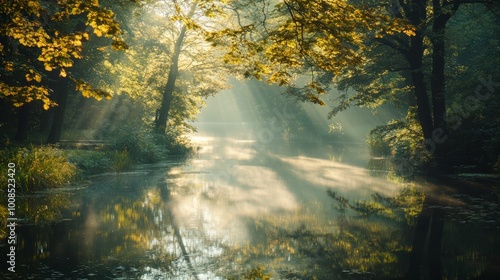 Sunlight streams through trees over a calm, misty river in a forest.