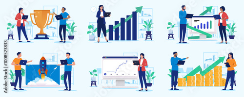 Business success illustration collection - Set of vector graphics with businesspeople working with charts, graphs and diagrams using computers and smiling. Successful people and businesses concept