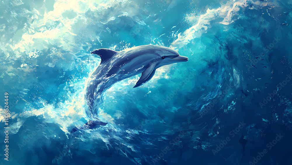 Obraz premium A dolphin leaps gracefully from shimmering blue ocean waters.